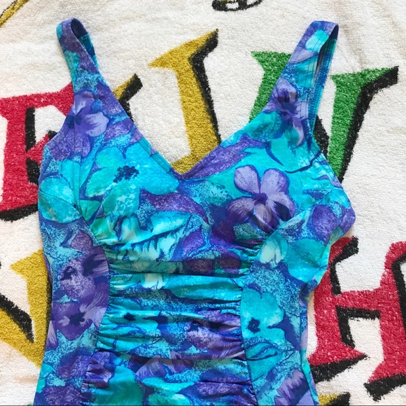 Blue Floral Print One Piece Bathing Suit - Picture 6 of 6